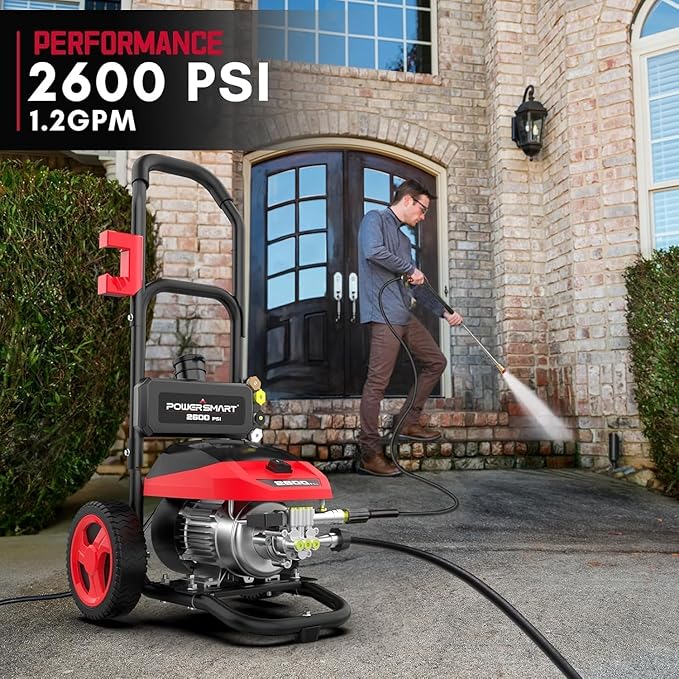 PowerSmart 3000 Max PSI Electric Pressure Washer with Induction Brushless Motor, 1.2 GPM High Pressure Cleaner, 5 Nozzles, 8” Wheels, Detergent Tank, for Car, Patio, Fence, Driveway Cleaning