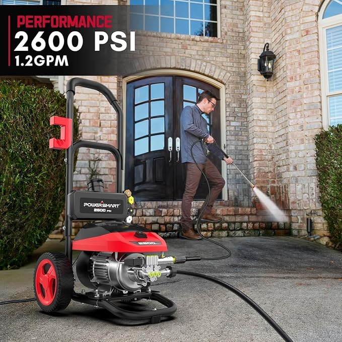 PowerSmart 3000 PSI Max Electric Pressure Washer-1.2 GPM Brushless Motor Power Washer with 5 Nozzles, GFCI Protection, 8” Wheels and Soap Tank, for Car, Patio, Fence, Driveway Cleaning