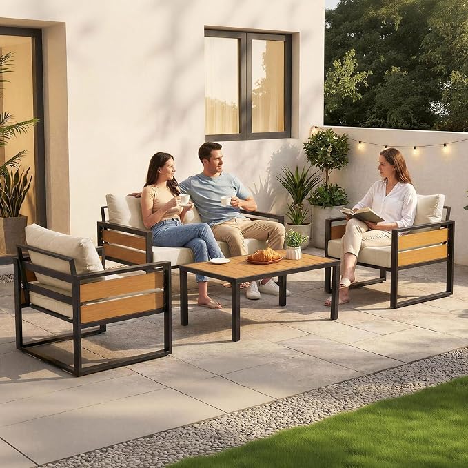 Furnimart Patio Furniture Set, 4-Piece Metal Outdoor Sectional, 4-Seat Patio Conversation Set with Deep Seating, Thick Cushions & Coffee Table for Backyard, Porch & Deck, Beige