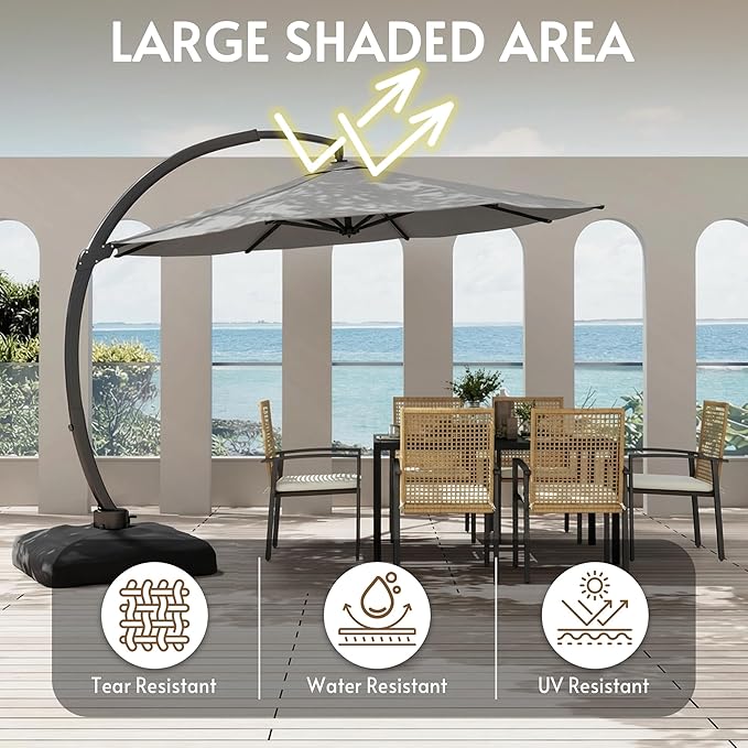 11FT Cantilever Patio Umbrella with Base Included, Large Cantilever umbrella with 360°Rotation, Heavy-Duty Offset Outdoor Umbrella for Patio,Pool,Garden and Backyard (Gray)