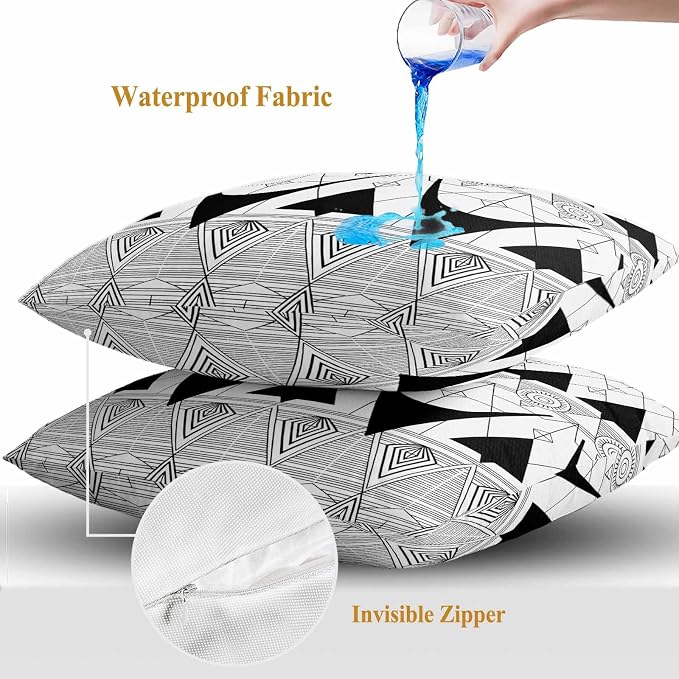 Throw Pillow Covers 18x18 Inch Set of 2, Black White Geometric Waterproof Outdoor Pillow Covers, Vintage Art Striped Decorative Cushion Pillowcases for Couch, Sofa, Bed, Garden, Patio