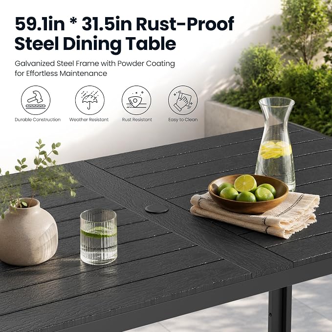 Pamapic 7-Piece Outdoor Dining Set, All Weather Patio Table and Chairs Set with Umbrella Hole, Wood-Like Table and 6 360° Swivel Textilene Chairs for Backyard, Poolside, Deck, Porch, Grey