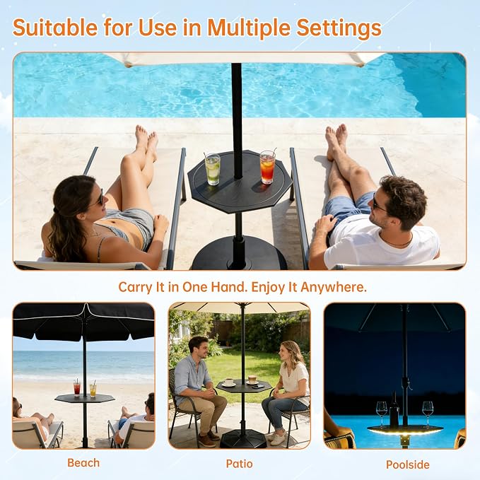 Patio Umbrella Table Tray with LED Light, 23” Outdoor Adjustable Portable Umbrella Table with Hole, All Weather PE Umbrella Tray for Beach, Poolside, Backyard, Garden, Classic Black