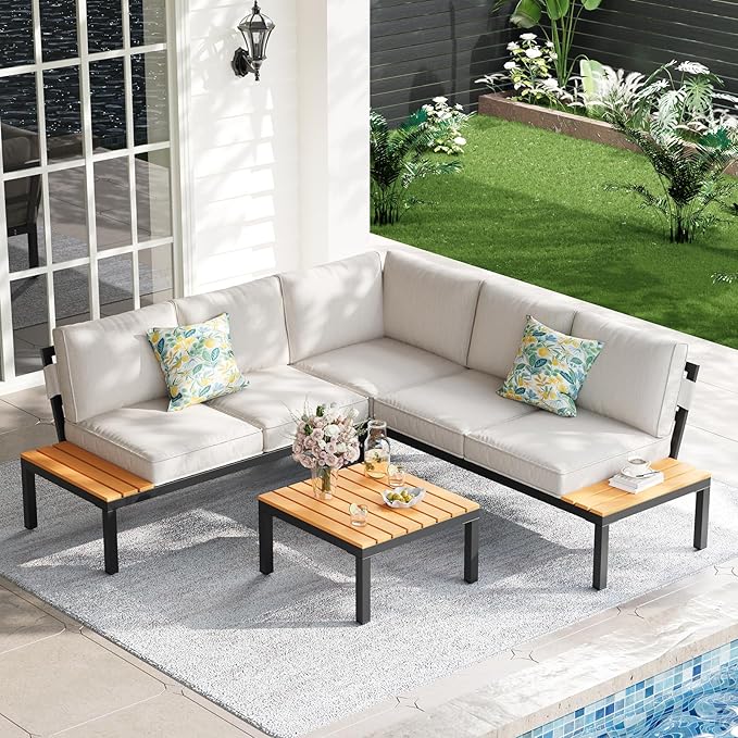 5-Person Outdoor Patio Furniture Set, Durable Metal Frame Outdoor Sectional with Wood-Look Table & Waterproof Cushions, All-Weather Conversation Set for Garden, Balcony, Poolside-Beige
