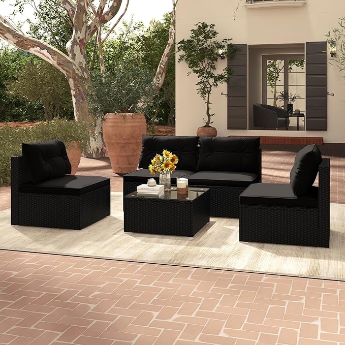 Tangkula 5 Piece Rattan Sofa Set, Outdoor Wicker Furniture Set w/Seat & Back Cushions, Square Coffee Table, Patio Sectional Sofa Set for Backyard, Poolside, Garden (Black)