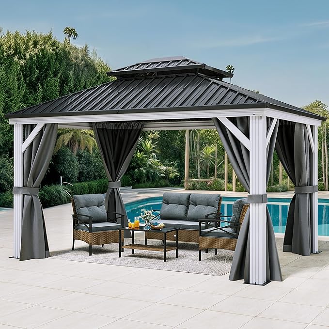 YITAHOME 10X12FT White Hardtop Metal Gazebo Patios Double Roof Canopy Aluminum Frame Garden Gazebo Tent Curtains Netting for Patios Backyards Decks Lawns