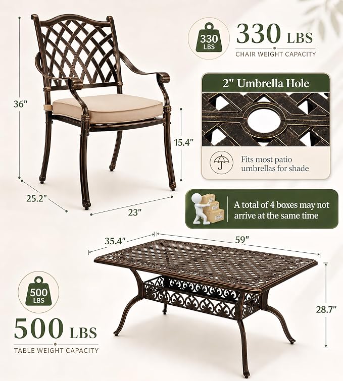 7 Piece Cast Aluminum Outdoor Dining Set, Retro Patio Dining Furniture Set for 6 Includes 59” Rectangular Table 6 Lattice Chairs with Thicker Cushions and Umbrella Hole for Porch Poolside Garden