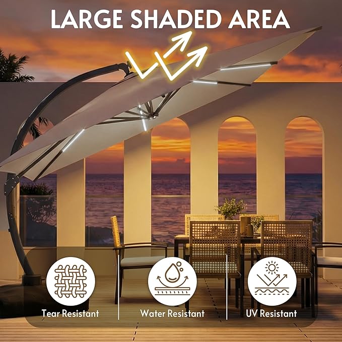 11x11FT Solar Powered LED Light Cantilever Patio Umbrella with Base Included, Large Cantilever Umbrella with 360°Rotation, Heavy-Duty Offset Outdoor Umbrella for Patio,Pool,Backyard (Champagne)