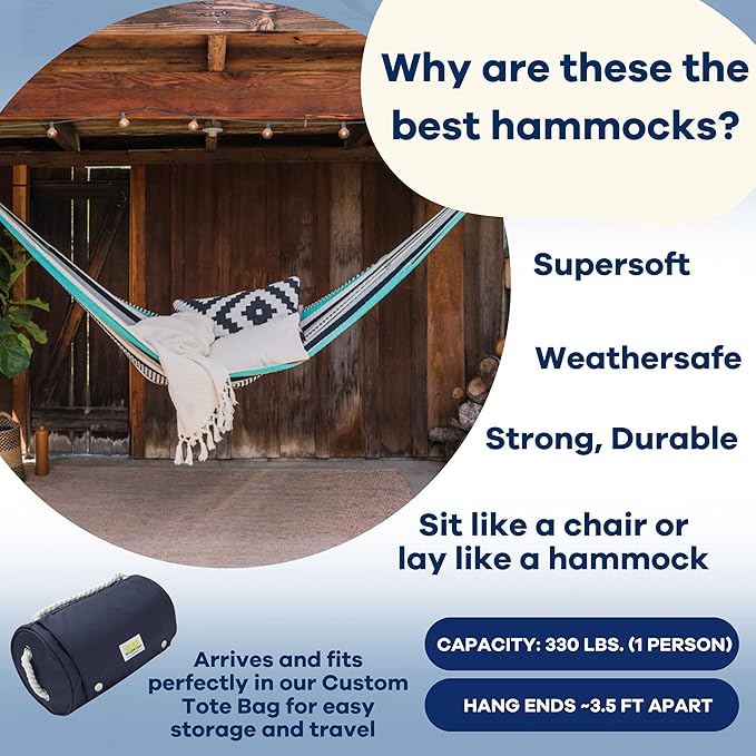 Handwoven Hammock & Charcoal Vista Stand by Yellow Leaf Hammocks - Hanging Chair, Fits 1 Person, 330lb max - Weathersafe, Easy to Hang & Setup, Ultra Soft, Artisan Made - Hammock Color: Turquoise, Bla