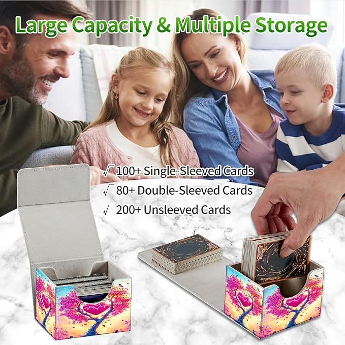 Card Deck Box for MTG, Cards Storage Box Fits 120+ Sleeved, Leather Small Size Strong Magnetic Closing Card Case for Board Games Magic TCG CCG Baseball Collection, Pink Tree