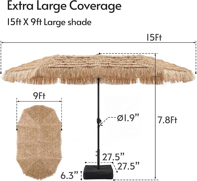 15ft Double-Sided Patio Umbrella with Solar Lights and Base Included, Large Patio Umbrella with 48 LED Dual-Color Lights, 135 Sq Ft Shade Area Patio Table Umbrella for Pool, Outddor, Deck (Tiki Hawaii)