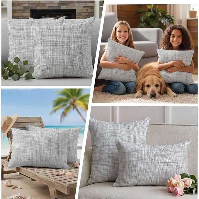Outdoor Waterproof Throw Pillow Covers Set of 2 Grey Linen Texture Pillowcases 24x24 Inches Solid Color Decorative Pillows Cushion Case Patio Pillows for Couch Bed Chair Garden