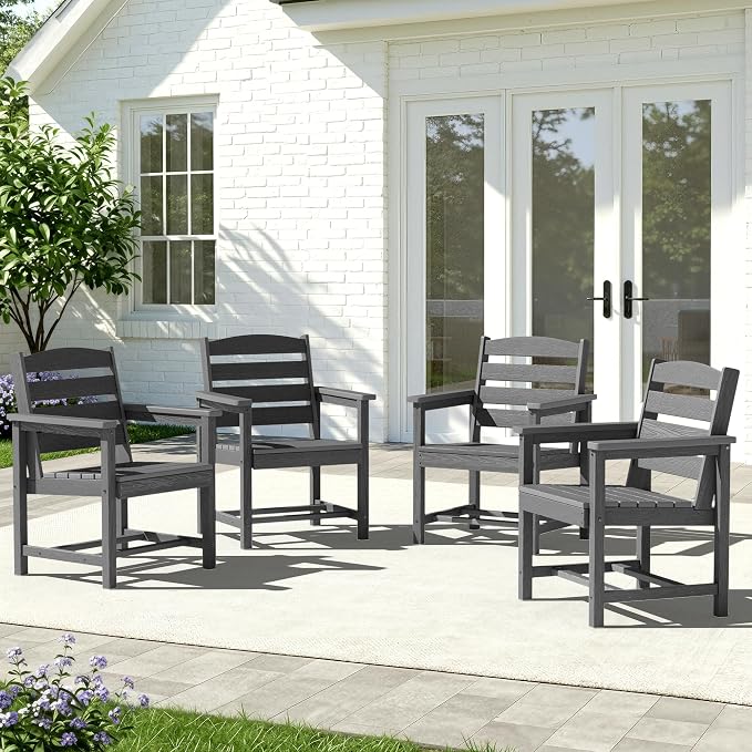 KINGYES All Weather Outdoor Dining Chairs Set of 4, HDPE Oversized Patio Chairs, Gray