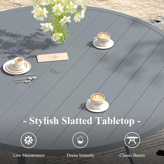 Outdoor Dining Table for 6, 50" Round Outdoor Table with Adjustable Umbrella Hole, All-Weather Metal Patio Dining Table for Lawn Garden Backyard Deck, Dark Grey