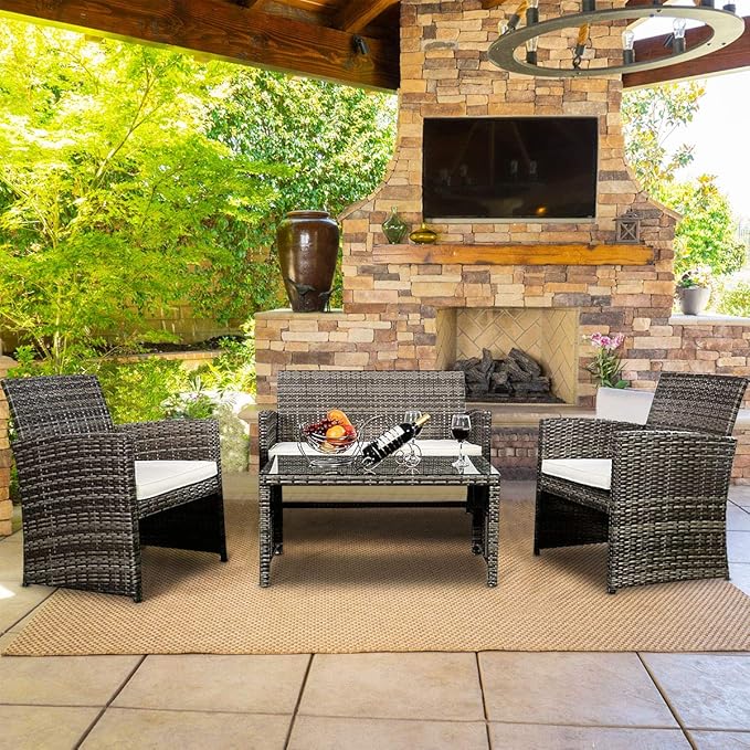 Tangkula AM0948HM Lawn Garden PE Rattan Wicker Furniture (Brown) 4 Piece Outdoor Patio Sofa Set