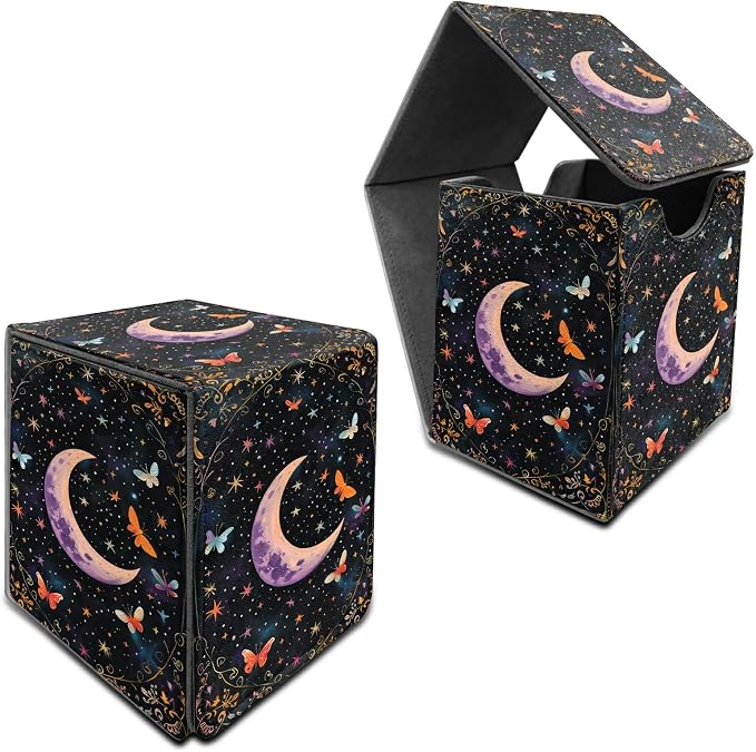 Butterfly Dark Moon Card Deck Box for MTG, Personalized Card Storage Case Fits 120+ Sleeved Cards, Premium Leather TCG Box with Strong Magnetic Closure for Magic, CCG, PTCG, Baseball Cards