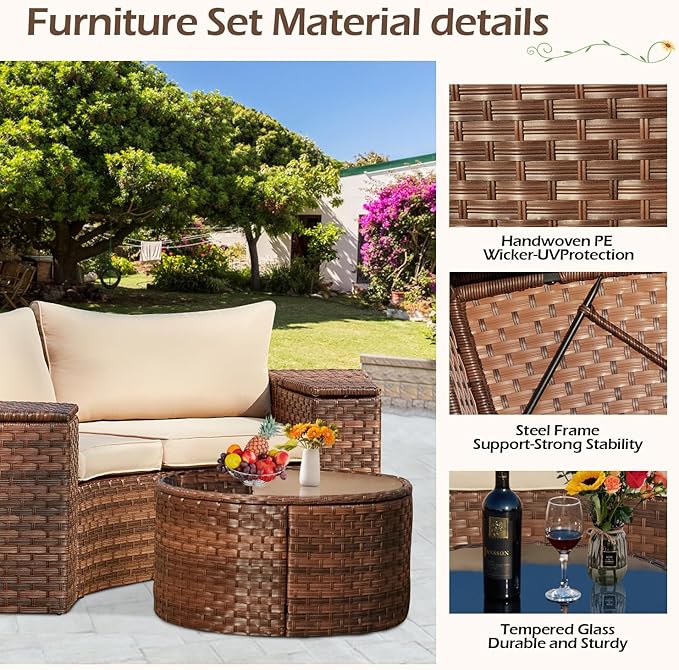 ECOTOUGE Outdoor Patio Furniture, 5 Piece Half-Moon Sectional Round Patio Set, Wicker Lazy Outdoor Sofa Set with Storage Side Table & Coffee Table for Pool Backyard Patio Garden(Beige/Brown)