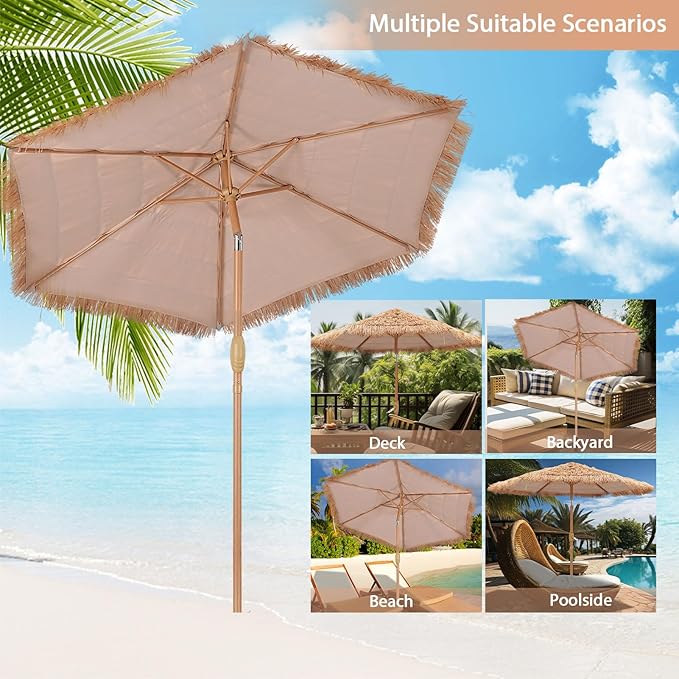 GDY 7.5ft Tiki Patio Umbrella Outdoor Table Umbrella(Optional with Light or Base), Market Umbrella,with Crank for Patio, Garden, Lawn, Deck, Backyard & Pool