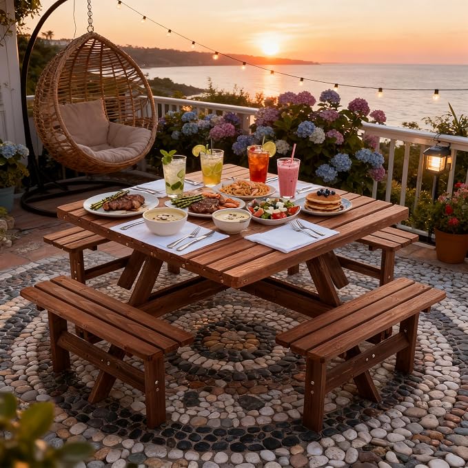 8 Person Square Picnic Table, Outdoor Picnic Table with 4 Built in Benches, Umbrella Hole, Outside Wood Dining Table Set for Patio, Backyard, Garden, Porch, 2220lb Capacity - Brown