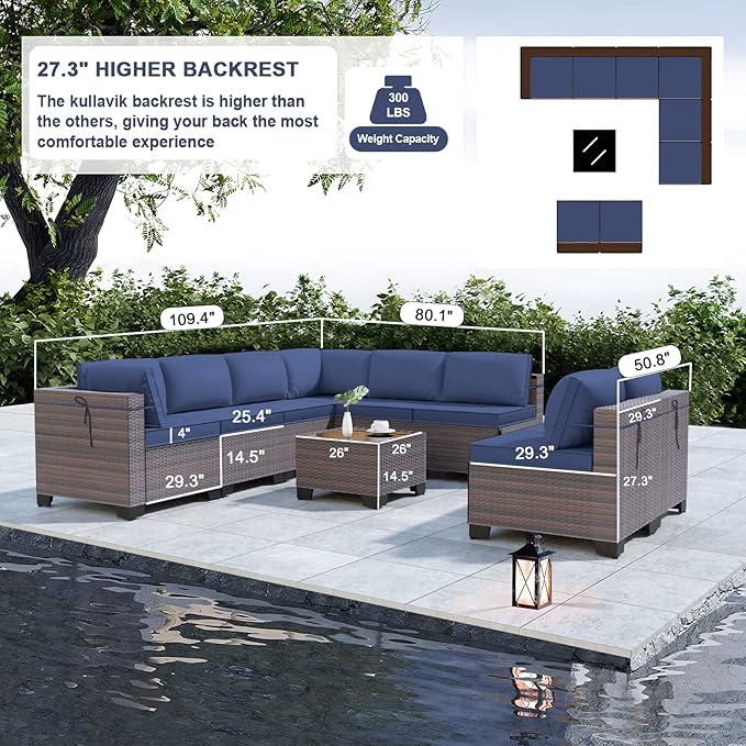 Kullavik 9 Pieces Outdoor Patio Furniture Set,Outdoor Sectional Rattan Sofa Set Brown PE Rattan Wicker Patio Conversation Set with Tempered Glass Coffee Table and Washable Cushions Covers,Navy Blue