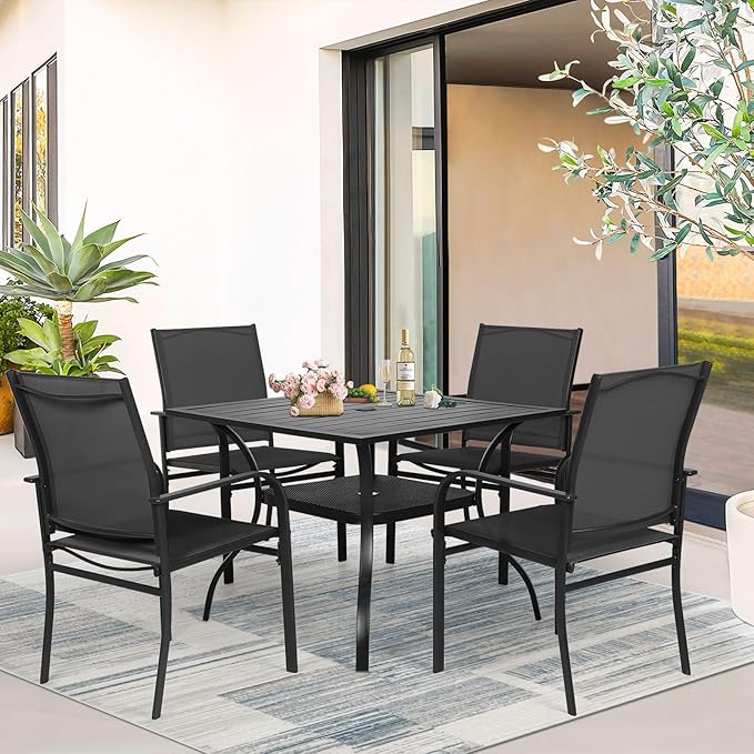 5-Piece Patio Dining Set,4 Person Outdoor Table and Chairs Set, 4 Metal Dining Chairs and Square Outdoor Table with 1.57" Umbrella Hole,Black