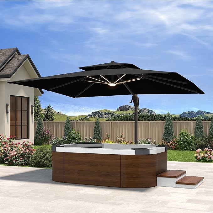 10' X 13' Cantilever Patio Umbrella with Base Included and Led Lights Double Top Rectangular Outdoor Large Offset Umbrellas with 7 Tilts Adjustable 360°Rotation for Deck Pool Garden Backyard, Black