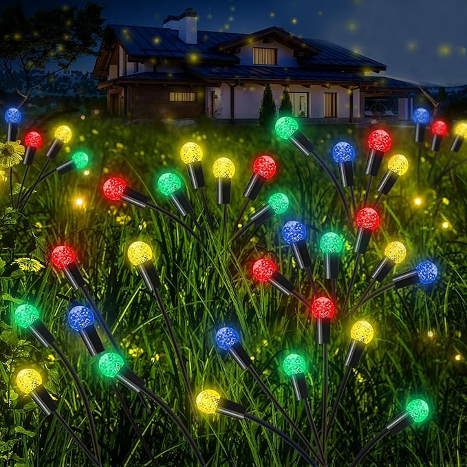 Rossesay Solar Lights Outdoor Decor for Garden Summer, 4 Pack 48 LED Multicolor Firefly Solar Light, Swaying Lights Outdoor Waterproof, Garden Decorative for Yard Patio Pathway Lawn Decor