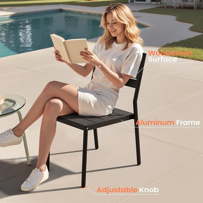 Pellebant Outdoor Dining Set for 8, 9 Pieces Aluminum Patio Table and Stackable Armless Chairs with Umbrella Hole & Wood-Like Top, Black