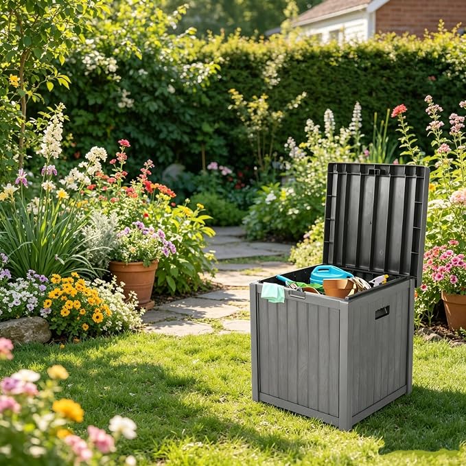 51 Gallon Medium Deck Box Outdoor Storage Box, Resin Garden Storage Chest with Overarching Waterproof Lid, Patio Bench Seat for Cushions & Tools, Gray