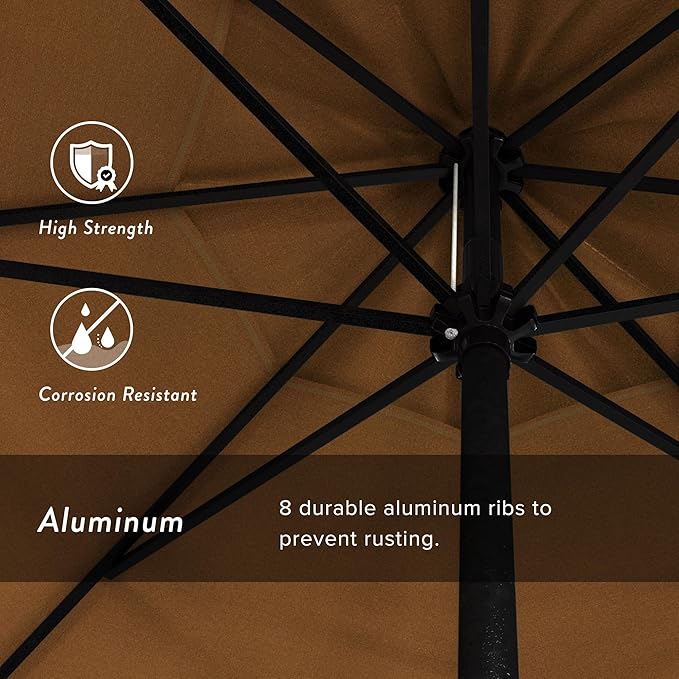 California Umbrella 12-Year Protection 9' Rd Aluminum Patio Umbrella, Crank Lift, Auto Tilt, Black Finish, Sunbrella Tuscan