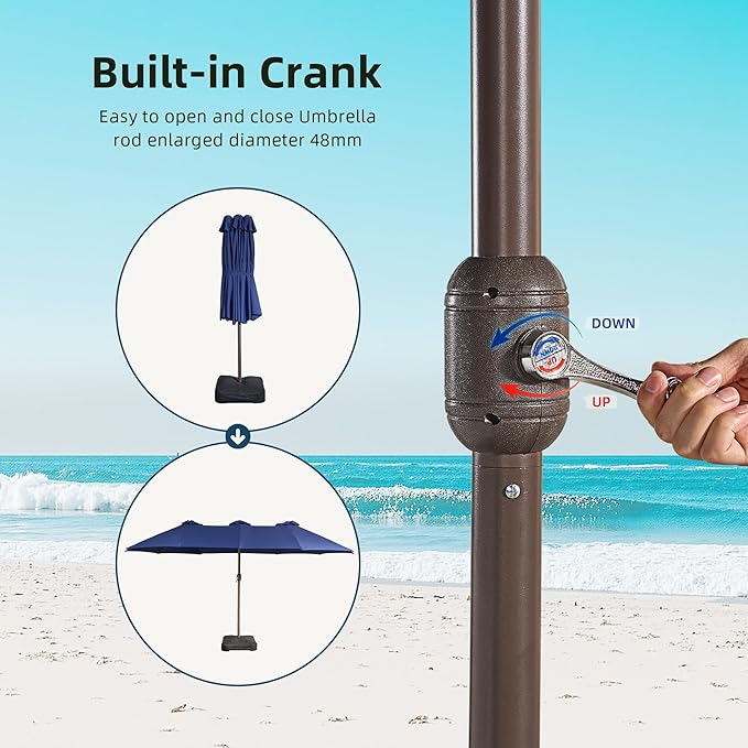 15Ft Patio Umbrella - Large Beach Umbrella W 12 Sturdy Ribs,UPF50 Outdoor Table Umbrella,Picnic Market Umbrella W Base Crank Handle for Pool,Yard,Garden