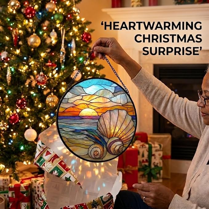Birthday Gifts for Women - Beach Shell Faux Stained Glass Window Hanging Sun Catcher for Door Garden Acrylic Ocean Decor Mother's Day Christmas for Mom Men Nana Grandma Sisters 7.8"