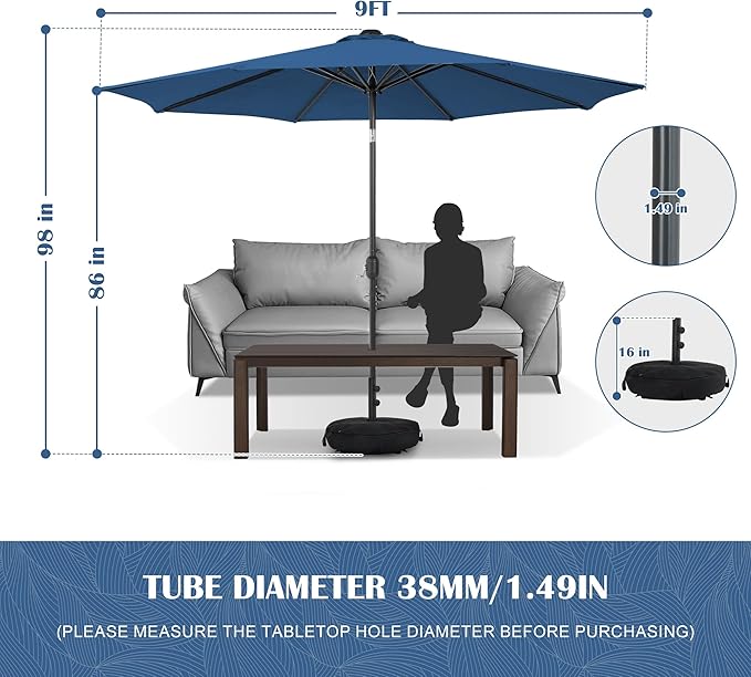 Sundale Outdoor 9FT Patio Umbrella with Sand Bag Umbrella Base, Outdoor Umbrella with Tilt and Crank, Navy