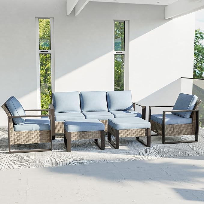 Outdoor Patio Furniture Set, 5 Piece Wicker Patio Conversation with Deep Seating, Thicken Cushions, Outdoor Club Chair, Metal Outdoor Furniture for Deck, Porch, Yard Use (Azure, 5 PCS/Chairs)