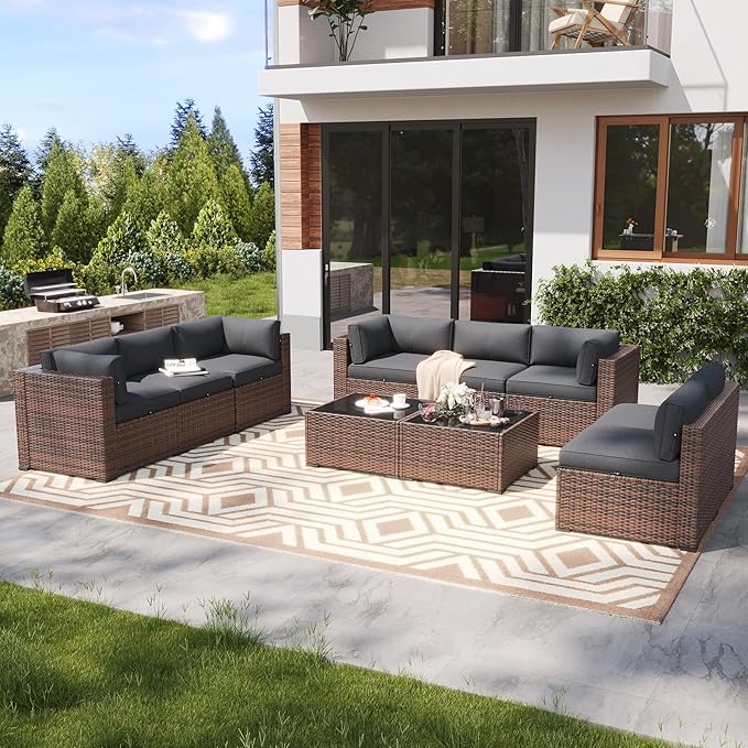 LazySunsets 10 Piece Outdoor Patio Furniture Set with Coffee Table, Outdoor Patio Furniture Sets with Waterproof Cover and Thicken Cushion, Wicker Rattan Outdoor Conversation Set for Backyard, Grey