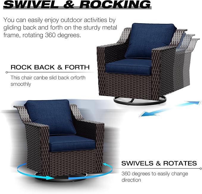 Joyside Wicker Patio Furniture Sets, 9 Pieces Upgraded Large Size Outdoor Furniture with 4 Swivel Rocking Patio Chairs, 3-Seat Sofa, Outdoor Ottoman, Thick Cushions, Wide Armrest, Blue