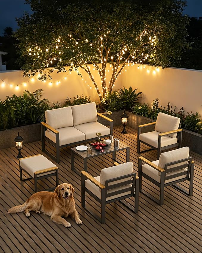 IDEALHOUSE Aluminum Outdoor Patio Furniture - 1 Pcs Loveseat and Coffee Table, All-Weather Metal Modern Outside Furniture with Washable Thick Cushion for for Balcony, Garden, Deck, Backyard,Beige