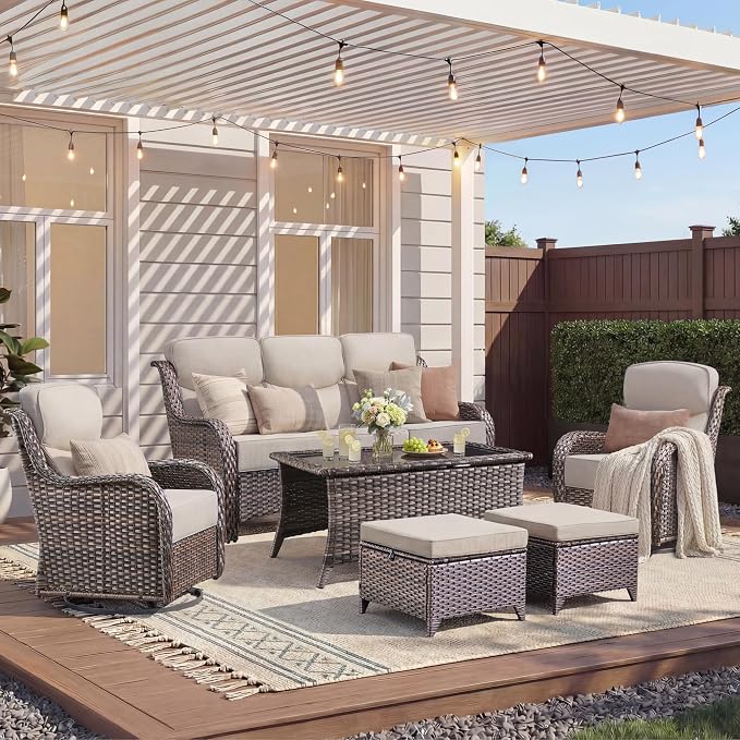 Luxury 6 Pieces Outdoor Patio Furniture Set-All Weather Wicker Outdoor Furniture with Swivel Rocker Patio Chairs 6-inch Extra Thick Cushions Wicker Conversation Set for Deck Garden(Brown/Beige)