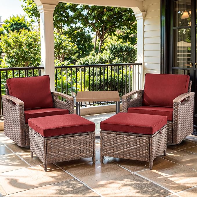 Luxury Outdoor Swivel Rocker Patio Chairs with Metal Side Table - 5 Piece Heavy Duty Furniture Set All Weather Wicker Conversation Set with 2 Ottomans for Porch Poolside and Deck - Red