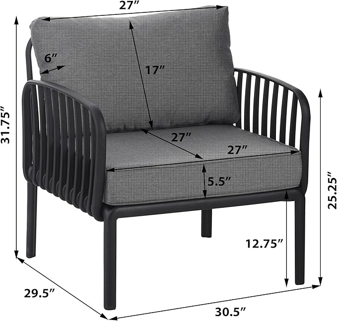 Christopher Knight Home Landon 4 Pieces Patio Conversation Set, Loveseat and Coffee Table Set, Accent Chairs, Club Chair with Cushion, Sofa Chair with Table Set for Balcony Garden, Black+Dark Gray