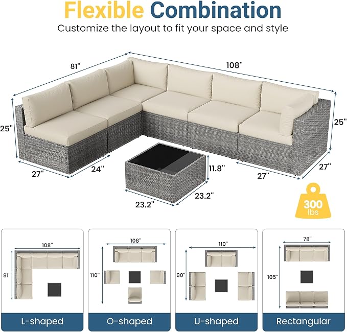 May in Color 7 Pieces Wicker Outdoor Patio Furniture Set, Patio Sectional Sofa with Coffee Table, All-Weather Outdoor Sectional Furniture for Garden Backyard, Beige