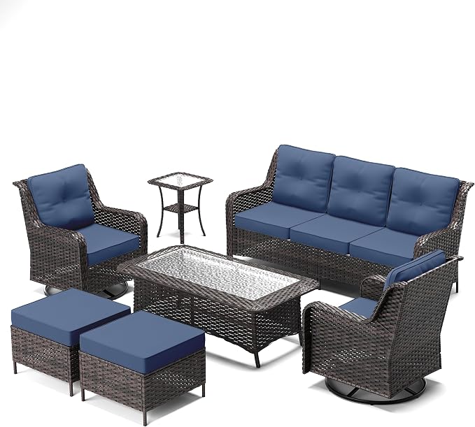 ALAULM 7 Pieces Patio Furniture Set,High Back Wicker Outdoor Sectional Furniture Set with Swivel Chairs & Coffee Table, Patio Conversation Set Thick Cushion for Backyard, Deck, Porch-Navy