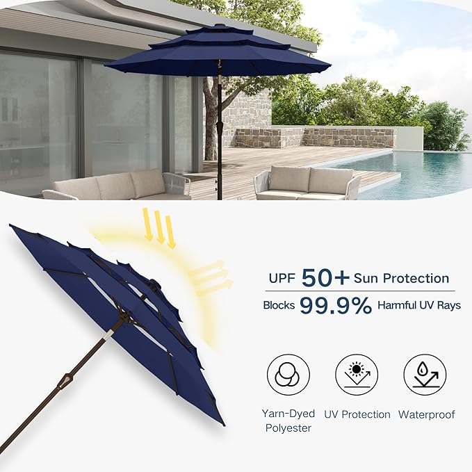 10FT Patio Umbrella 3 Tiers Outdoor Market Umbrella w/Push Button Tilt, Crank, UV and Waterproof Table Umbrella for Garden, Pool, Backyard, Deck, Lawn, Navy Blue