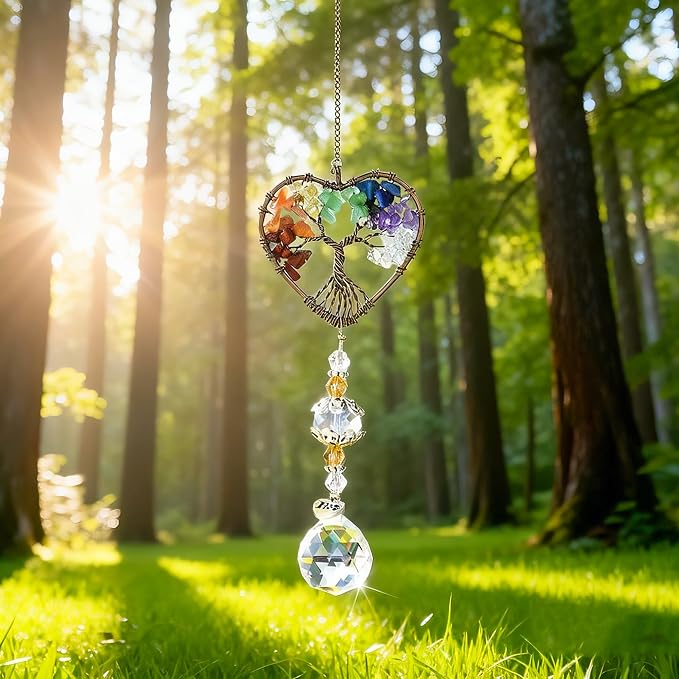 Tree of Life Heart Crystal Ball Prism Suncatcher Pendant Decor | Tree of Life Heart Shaped Crystal Ball Prism Pendant Suncatcher Window Hanging Ornament for Home Garden Office Wedding Decor