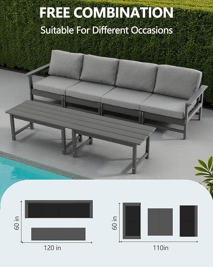 HDPE Outdoor Patio Furniture Set, 6-Piece Sofa Set with 4-Seat Couch 2 Coffee Tables, Weatherproof Conversation Set with Cushions, All-Weather Waterproof, for Garden, Porch & Backyard