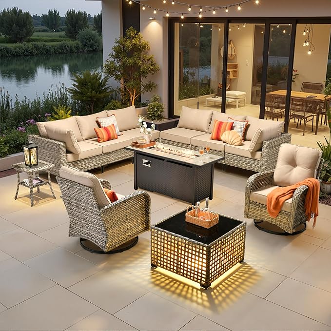 11 Pieces Outdoor Sectional Patio Furniture Set with 54" Fire Pit,Wicker Conversation Sets Rattan L Shaped Couch Swivel Rocking Chairs,Modular Outdoor Sofa for Porch Balcony Backyard Beige