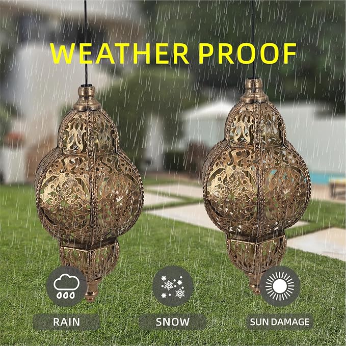 Hanging Solar Lights Garden Lights Metal Moroccan Lamp Waterproof for Outdoor Hanging Decor Yard Backyard Garden Decorative (2 Pack, Bronze)