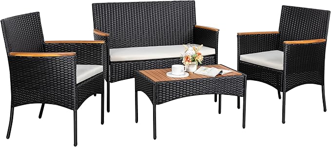 4-Piece Outdoor Patio Furniture Set, PE Wicker Conversation Kit with Wood-Look Armrests & Coffee Table, Weather-Resistant Seating for Porch, Balcony & Small Backyard, Beige Washable Cushions, Beige