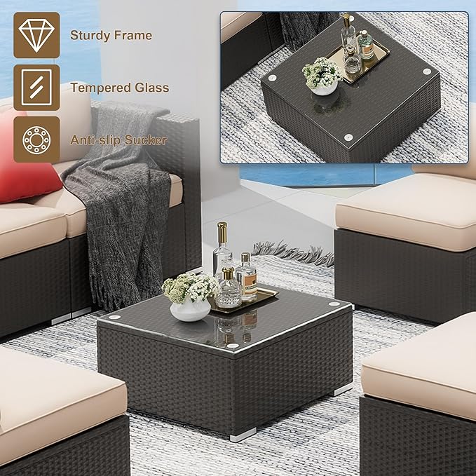SUNCROWN 7-Piece Outdoor Patio Furniture Sofa Set All-Weather Wicker Sectional Conversation Set with Modern Glass Coffee Table and Cushions, Backyard, Garden, Light Brown
