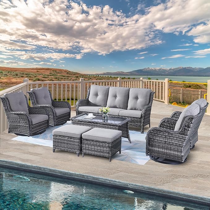 Belord Wicker Patio Furniture Sets - 8 Piece Rattan Outdoor Furniture Conversation Sets with 4 Swivel Rocker Chairs, Rattan Sofa, Wicker Ottomans and Coffee Table, Mixed Grey/Grey